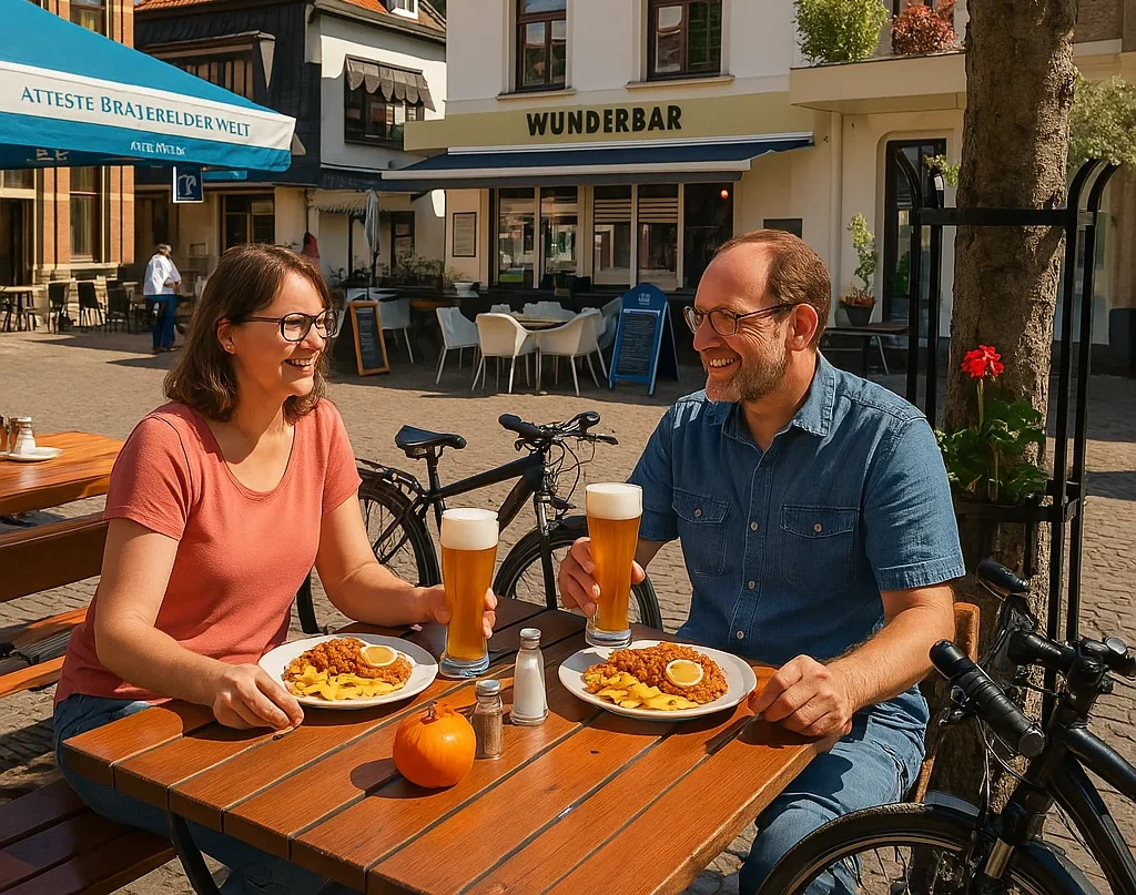Vol bord schnitzel met friet bij restaurant in Winterswijk